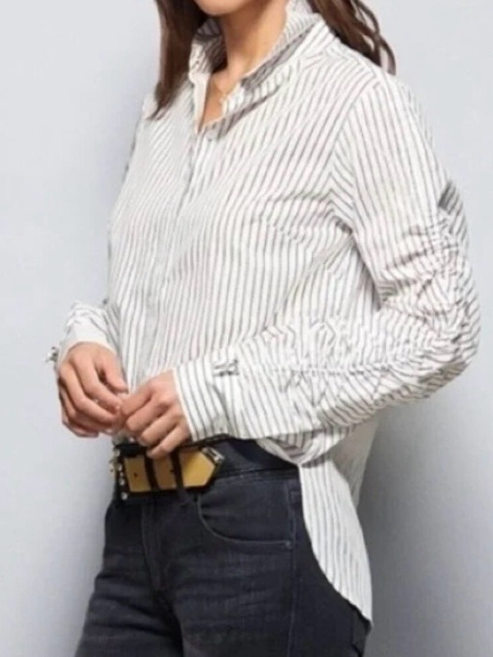 Cabi | Black/White Stripe Linear Shirred Sleeve Button-Down Shirt #4530 Sz Small